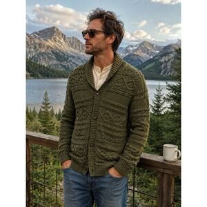 Lucky Brand Men’s Large Cardigan Sweater Chunky Cable Knit Fisherman Green